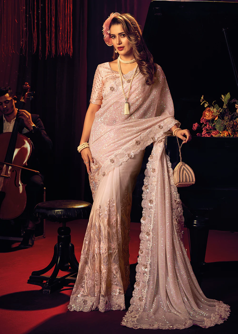 Bridal Party Pretty Peach Premium Net Classic Saree