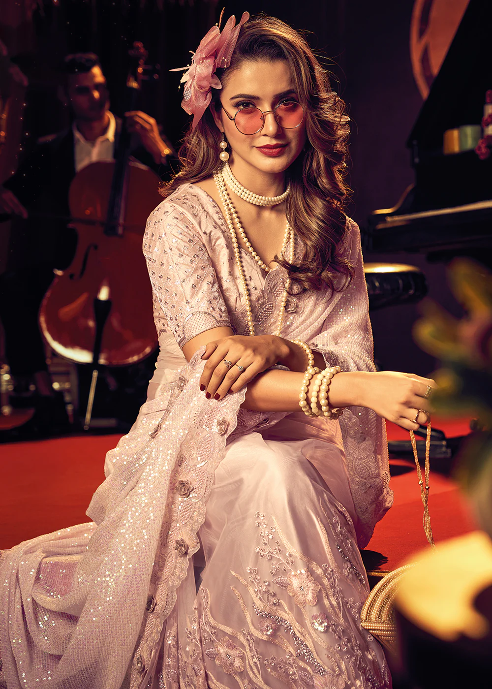 Bridal Party Pretty Peach Premium Net Classic Saree - Image 2