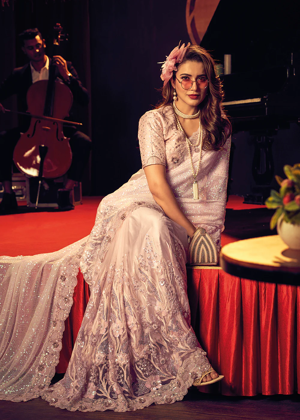 Bridal Party Pretty Peach Premium Net Classic Saree - Image 3