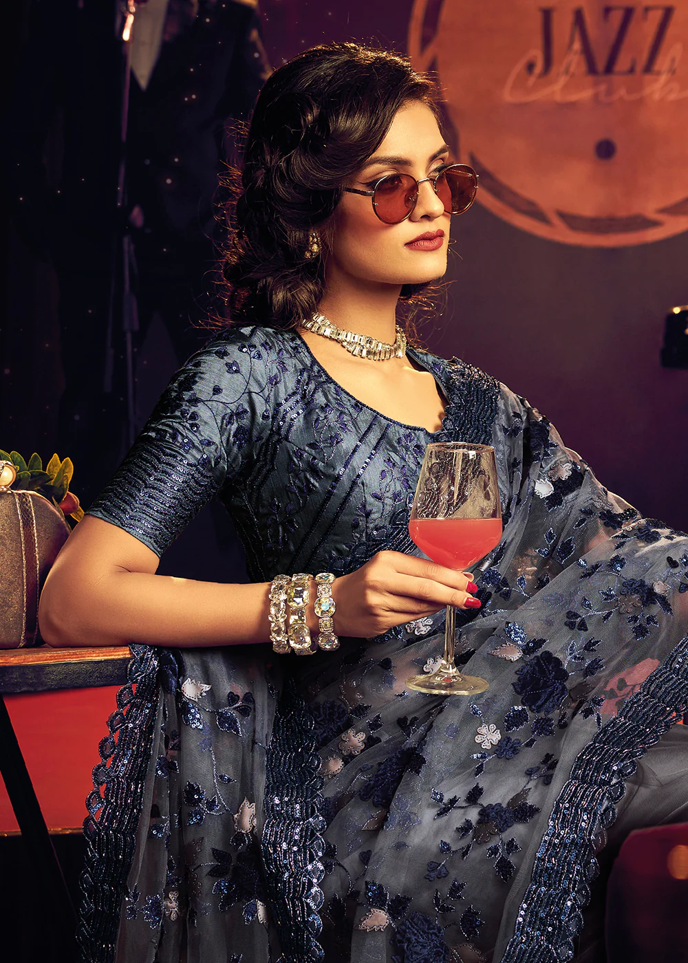 Bridal Party Vintage Grey Premium Net Designer Saree - Image 2