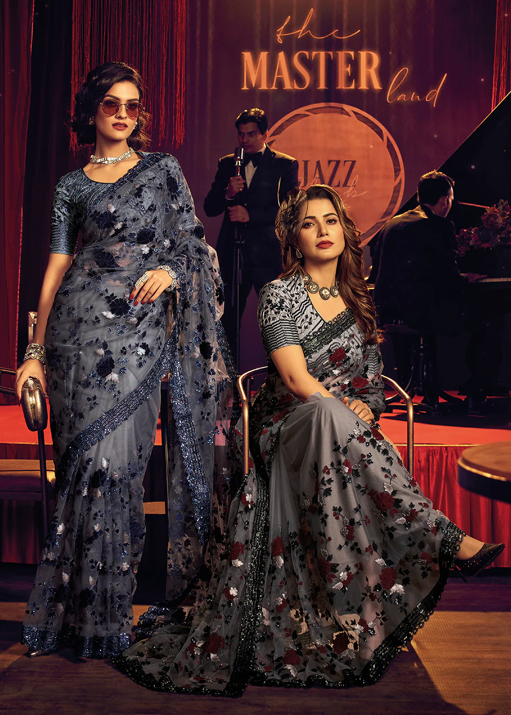 Bridal Party Vintage Grey Premium Net Designer Saree - Image 4