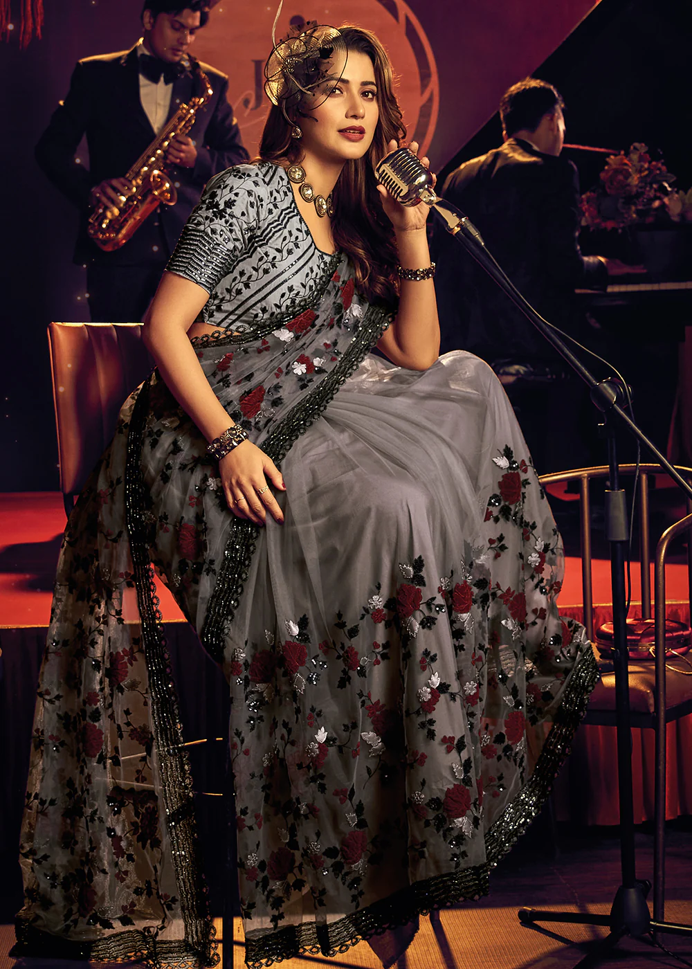 Bridal Party Vivacious Grey Premium Net Designer Saree - Image 5