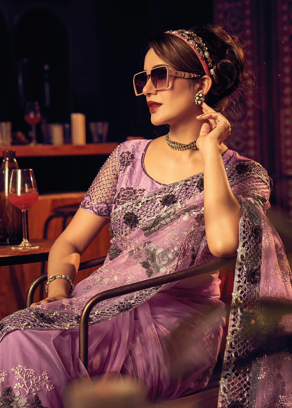 Bridal Party Wonderous Pink Premium Net Contemporary Saree - Image 2