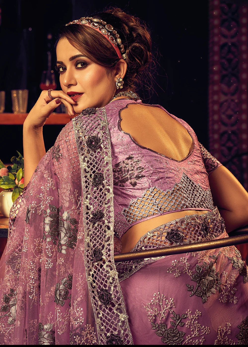 Bridal Party Wonderous Pink Premium Net Contemporary Saree - Image 3