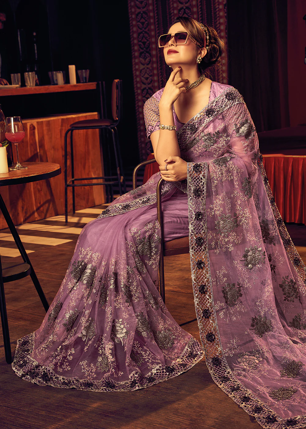 Bridal Party Wonderous Pink Premium Net Contemporary Saree - Image 4