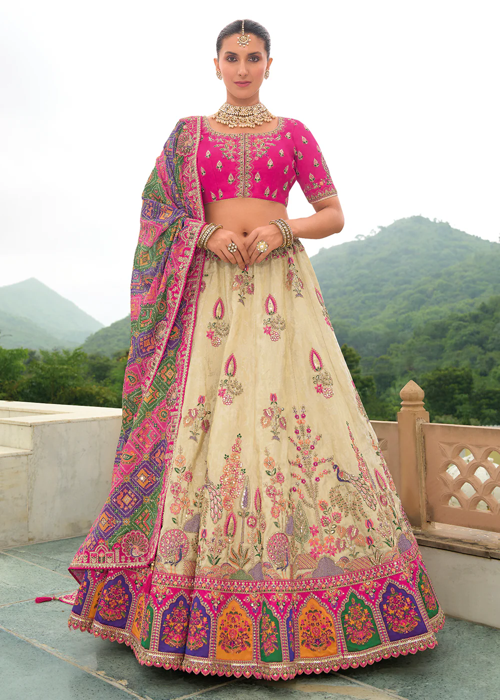 Bridal Pink Cream Heavy Embroidered Designer Lehenga Choli