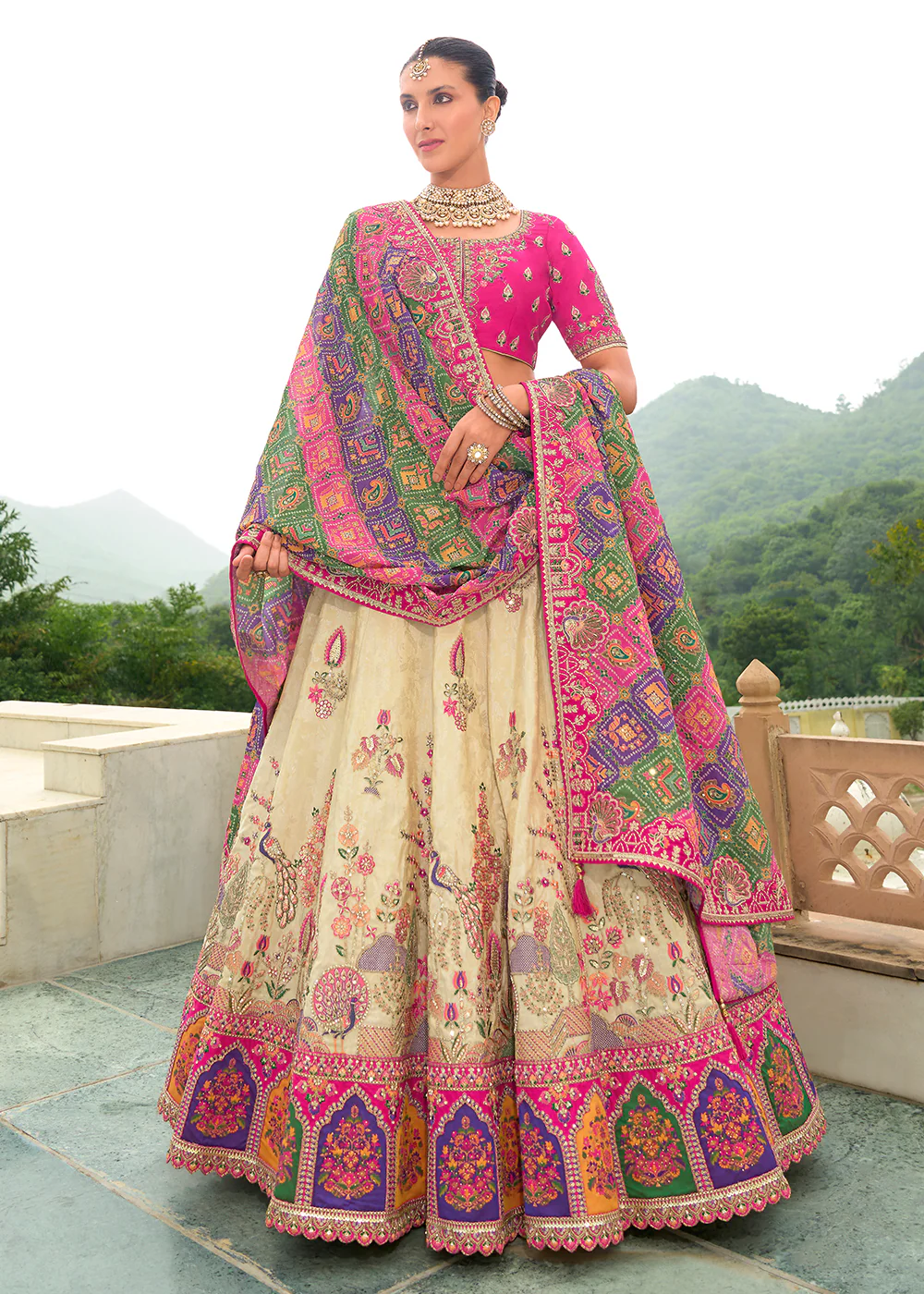 Bridal Pink Cream Heavy Embroidered Designer Lehenga Choli - Image 3