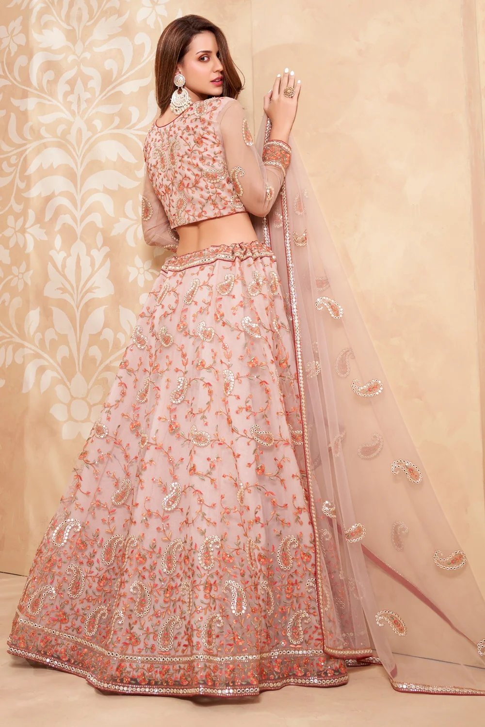 Bridal Pretty Pink A Line All Embroidered Lehenga Choli - Image 3