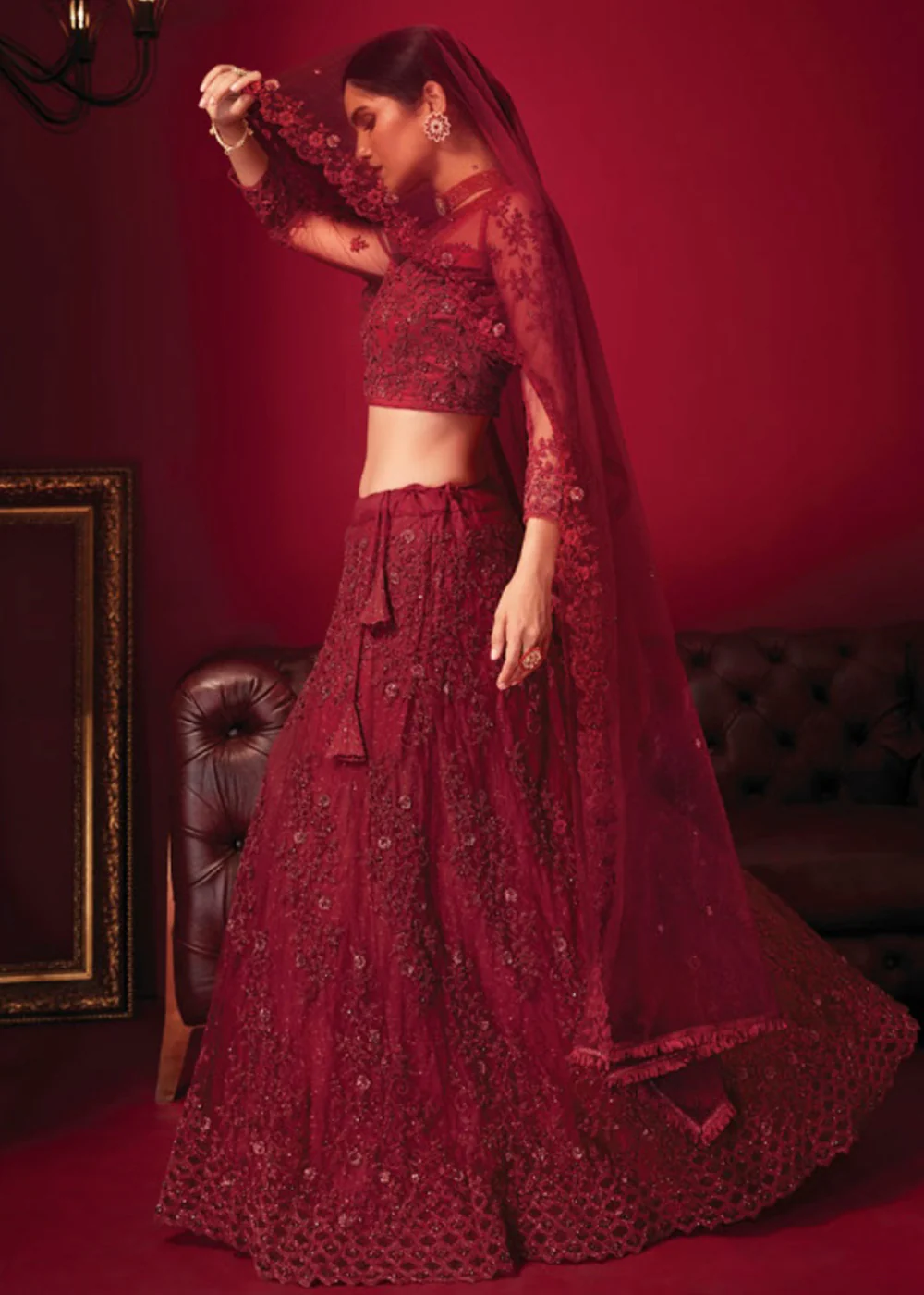 Bridal Red Resham & Stone Embroidered Wedding Lehenga Choli - Image 3