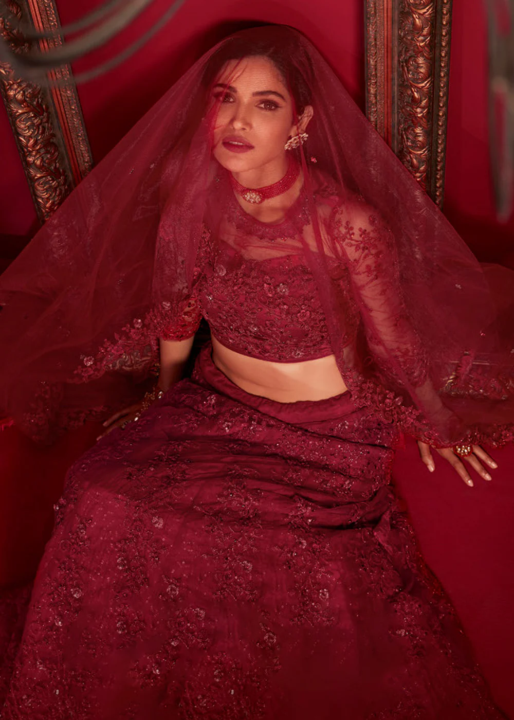 Bridal Red Resham & Stone Embroidered Wedding Lehenga Choli - Image 4
