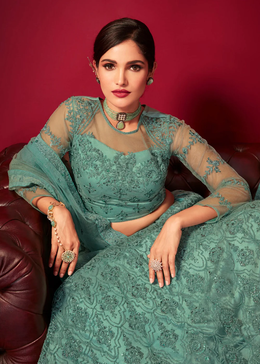 Bridal Sea Green Resham & Stone Embroidered Wedding Lehenga Choli - Image 2