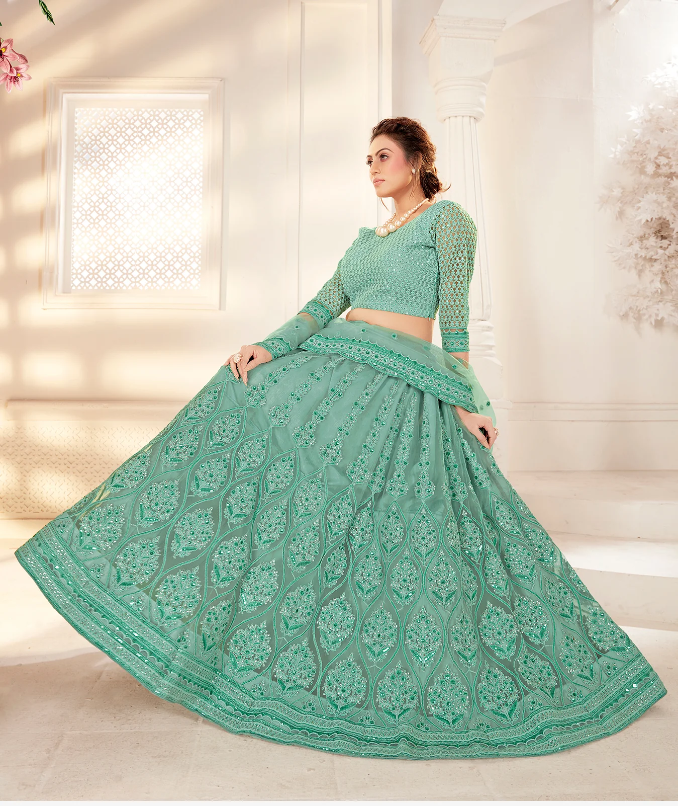 Bridal Sea Green Stunning Embroidered Lehenga Choli - Image 4