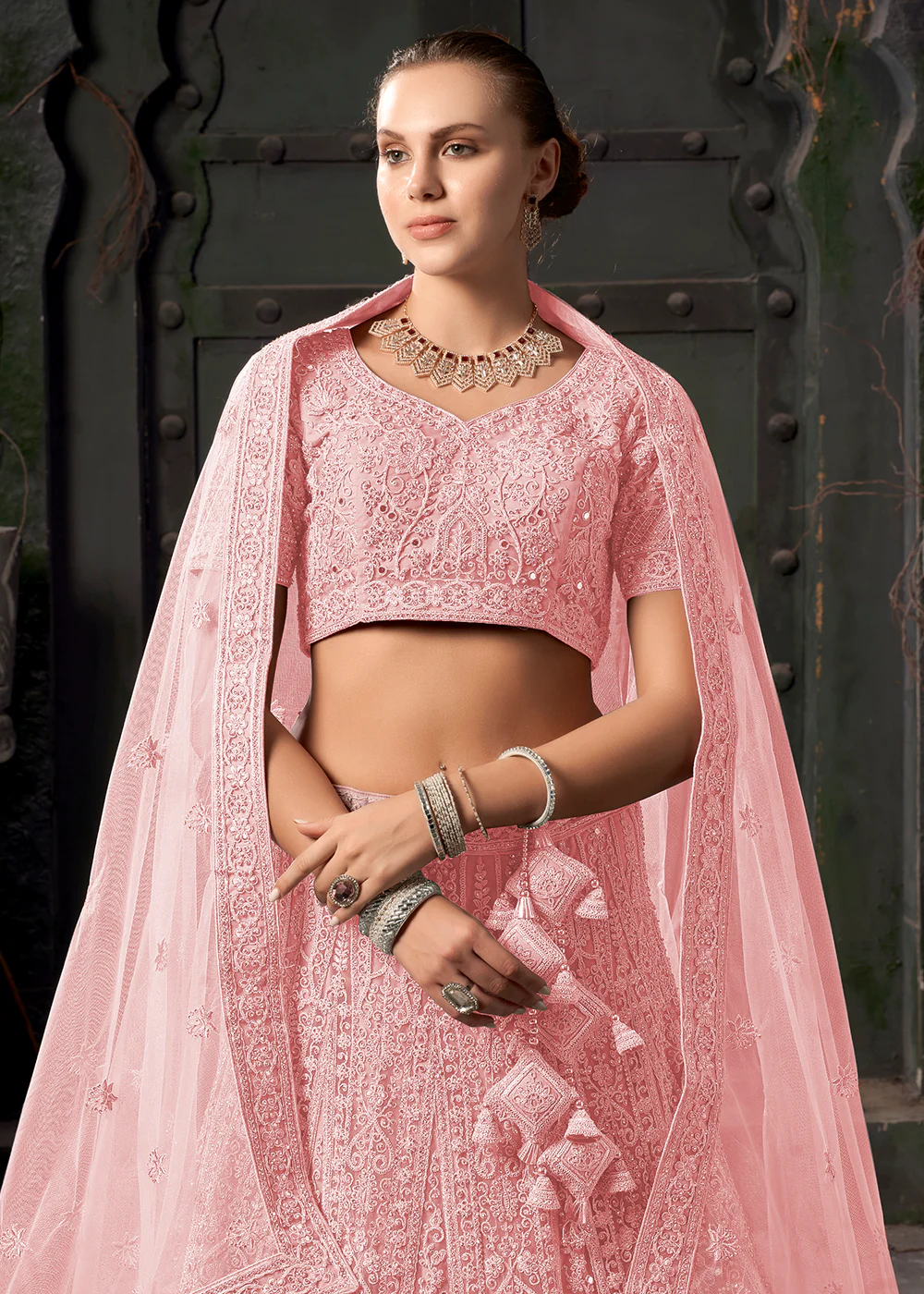 Bridal Style Pink Embroidered Designer Lehenga Choli - Image 2