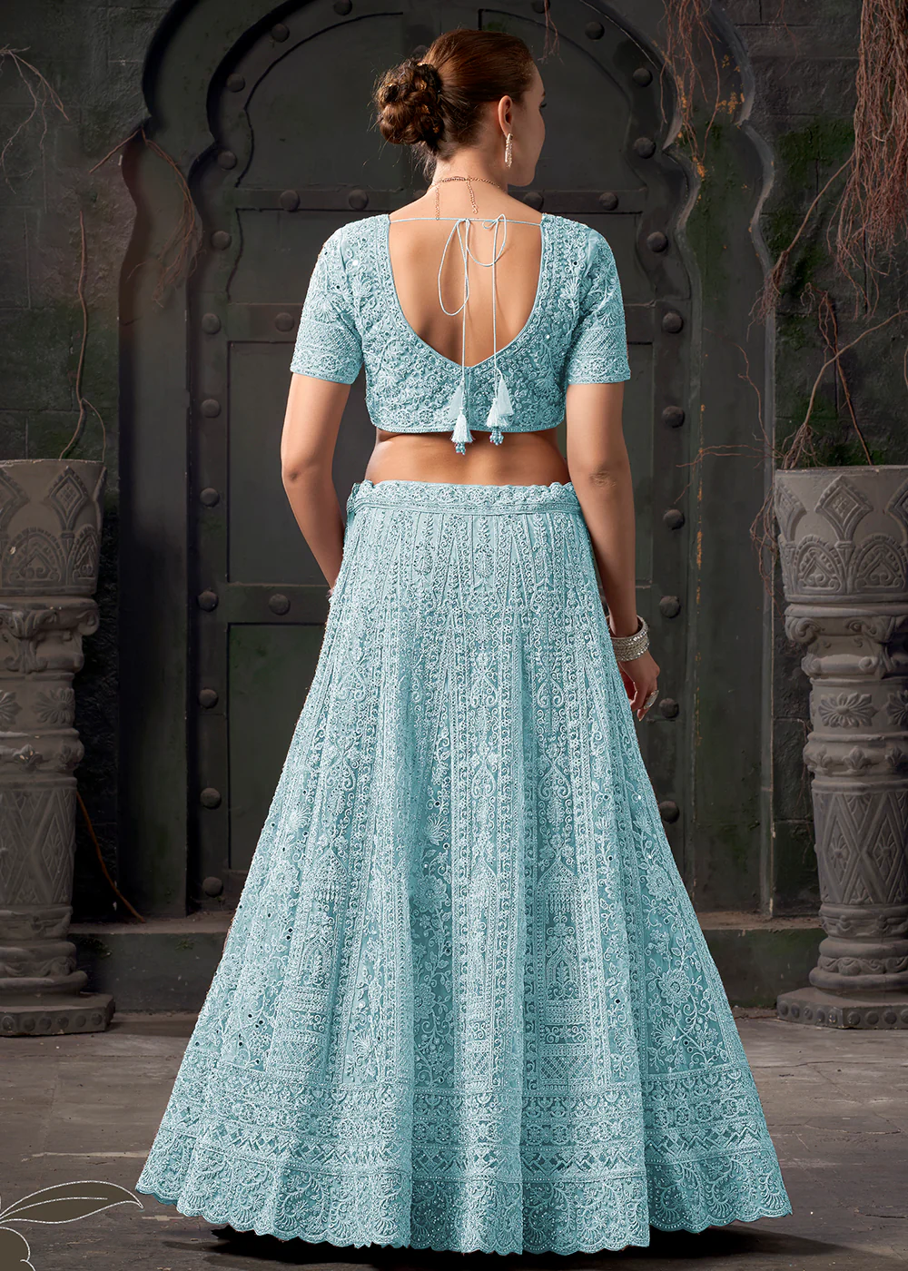 Bridal Style Sky Blue Embroidered Designer Lehenga Choli - Image 3