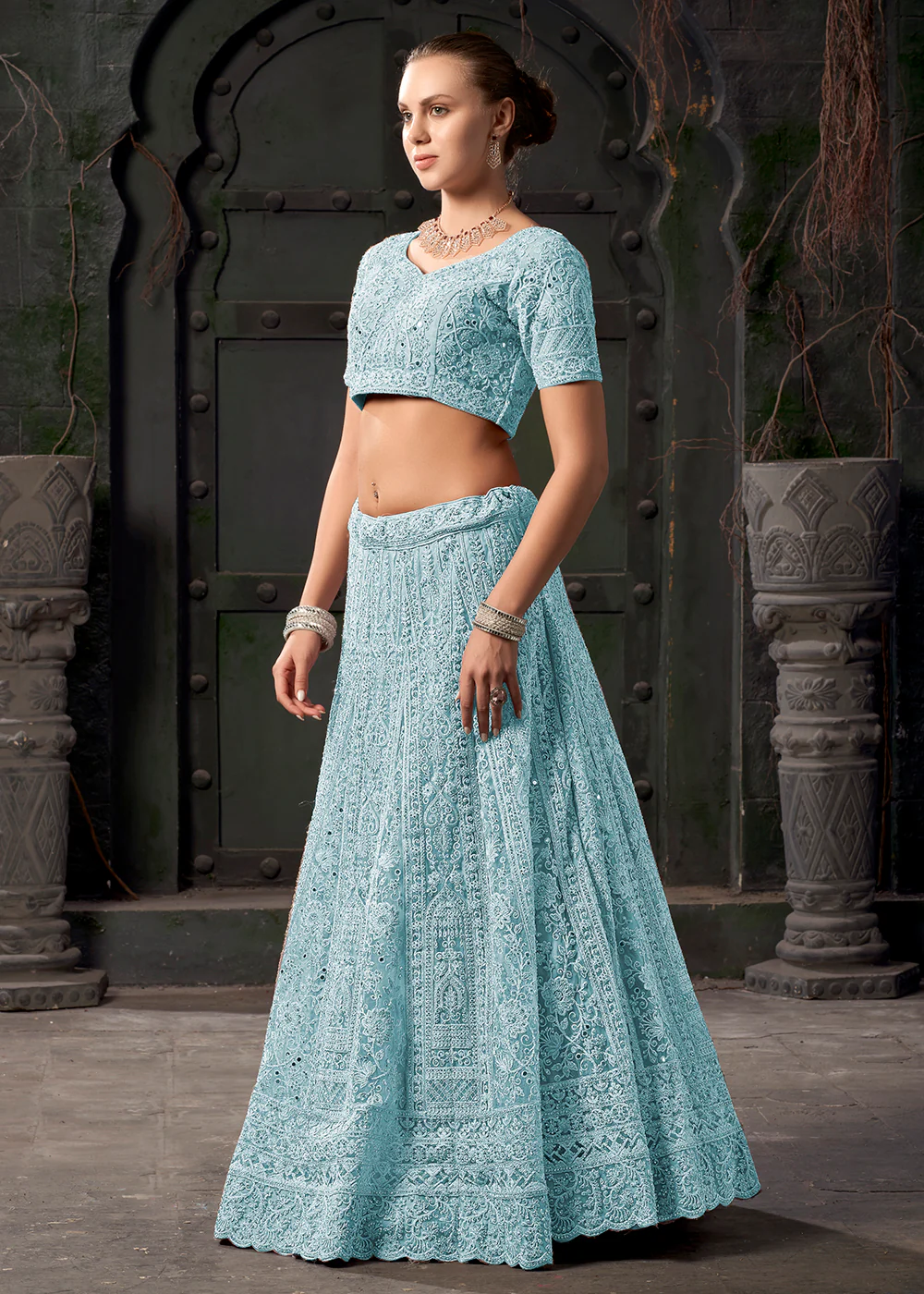 Bridal Style Sky Blue Embroidered Designer Lehenga Choli - Image 4