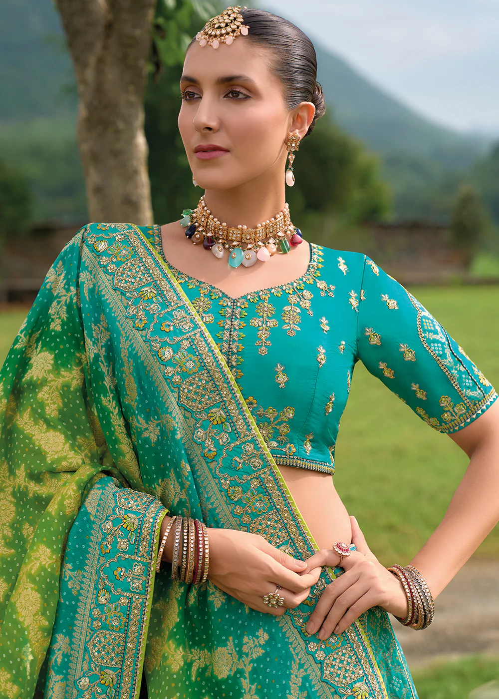 Bridal Teal Blue Heavy Embroidered Designer Lehenga Choli - Image 2