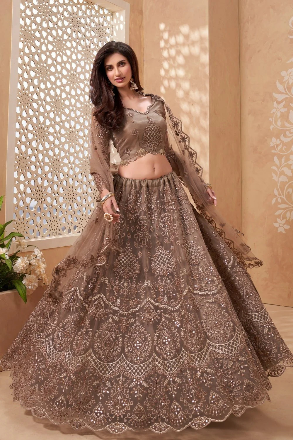 Bridal Trendy Brown A Line All Embroidered Lehenga Choli - Image 4