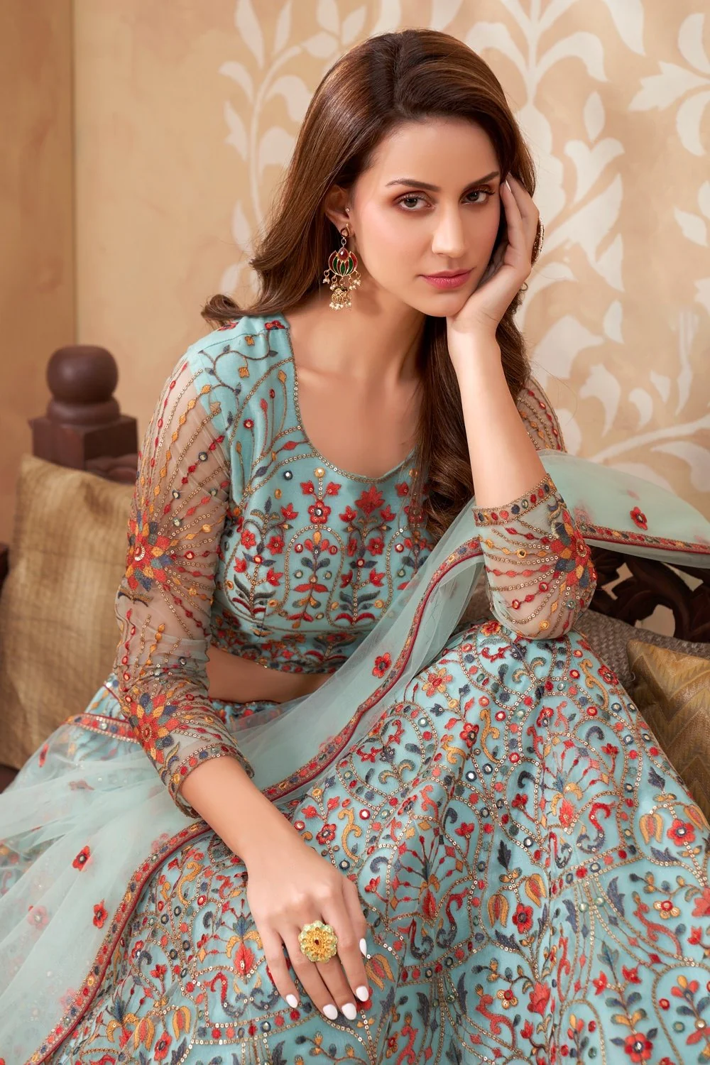 Bridal Turquoise Blue A Line All Embroidered Lehenga Choli - Image 2