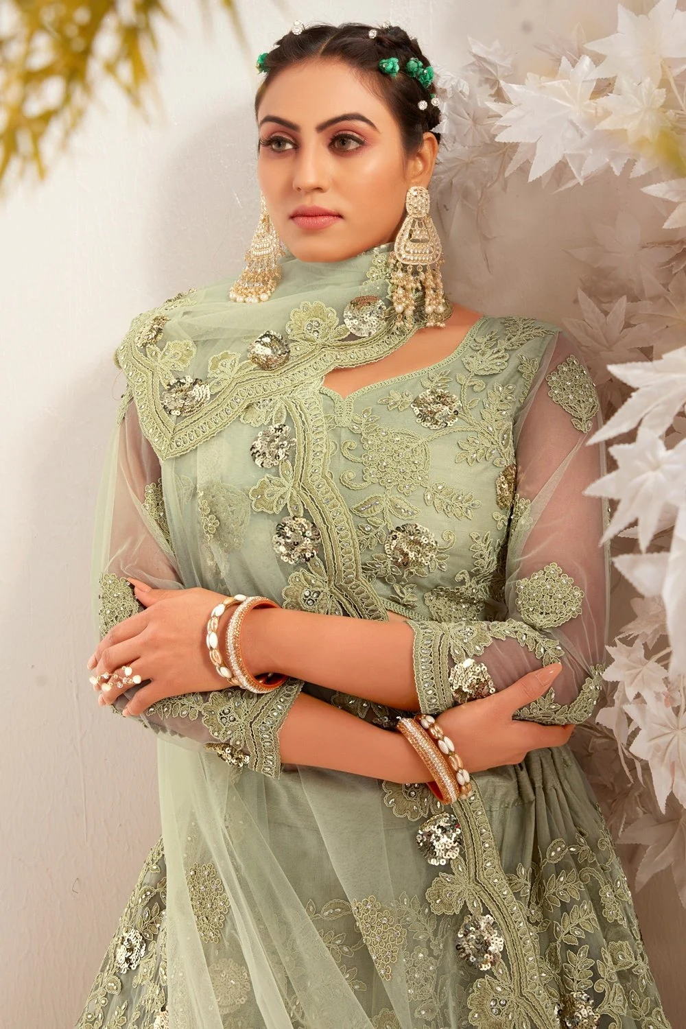 Bridesmaid Dusty Green Wedding Wear Lehenga Choli - Image 2