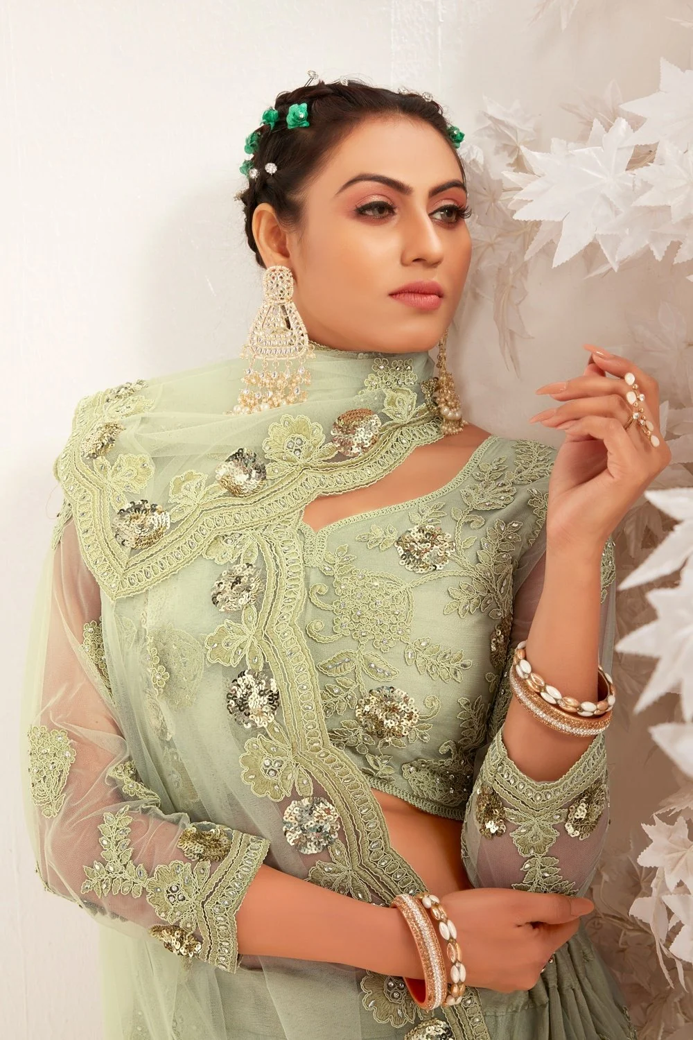 Bridesmaid Dusty Green Wedding Wear Lehenga Choli - Image 3