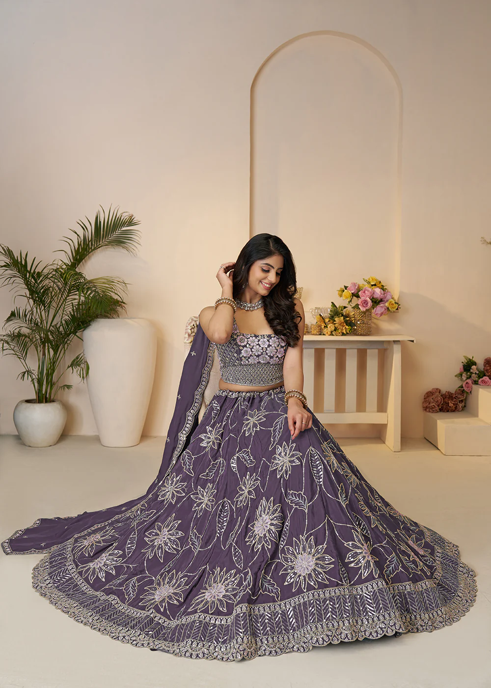 Bridesmaids Style Purple Sequins Embroidered Lehenga Choli - Image 4