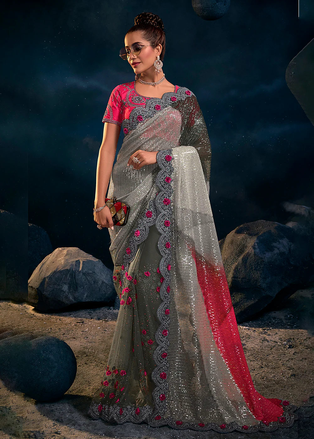 Bright Grey Premium Net Heavy Embroidered Designer Saree