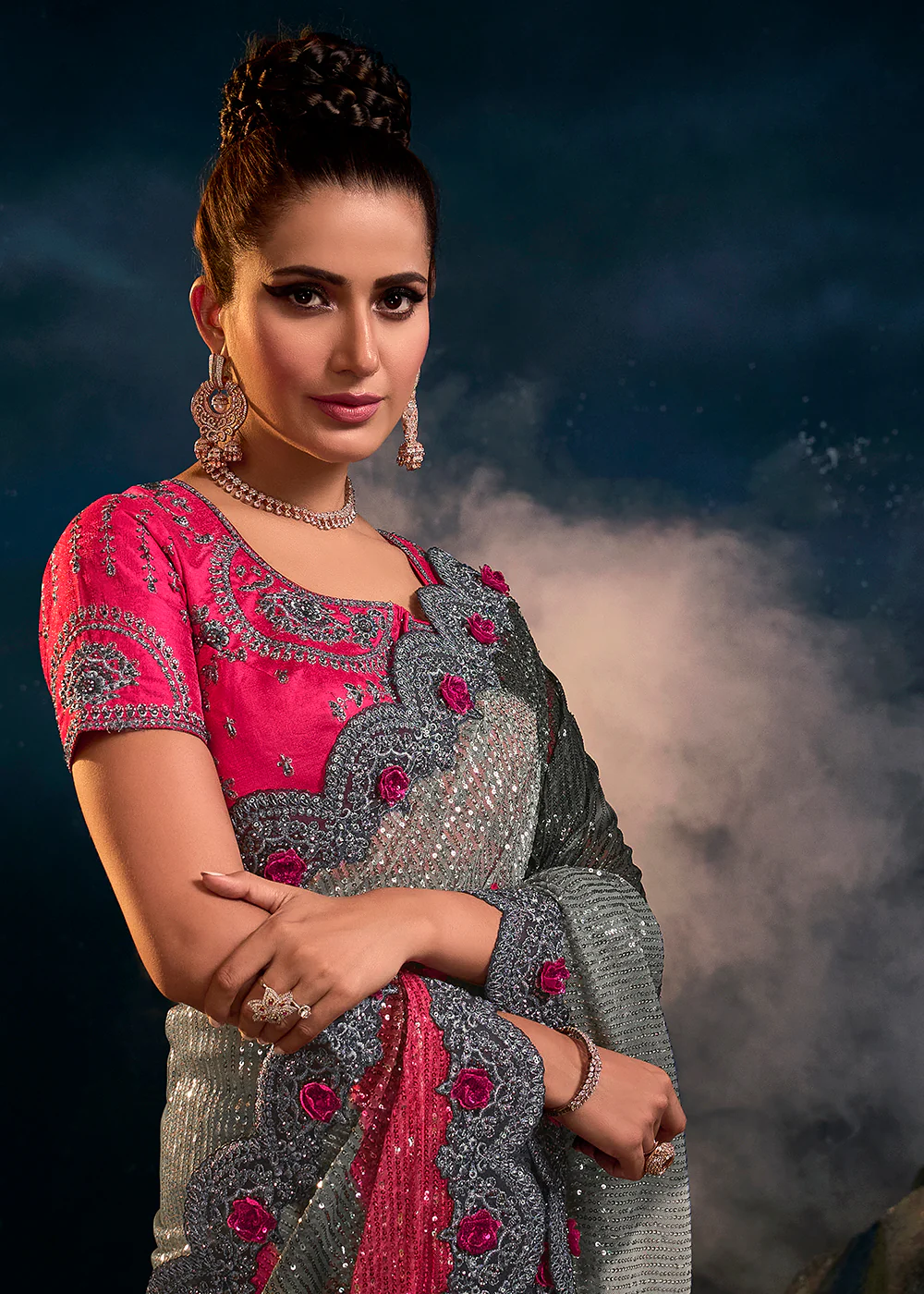 Bright Grey Premium Net Heavy Embroidered Designer Saree - Image 2