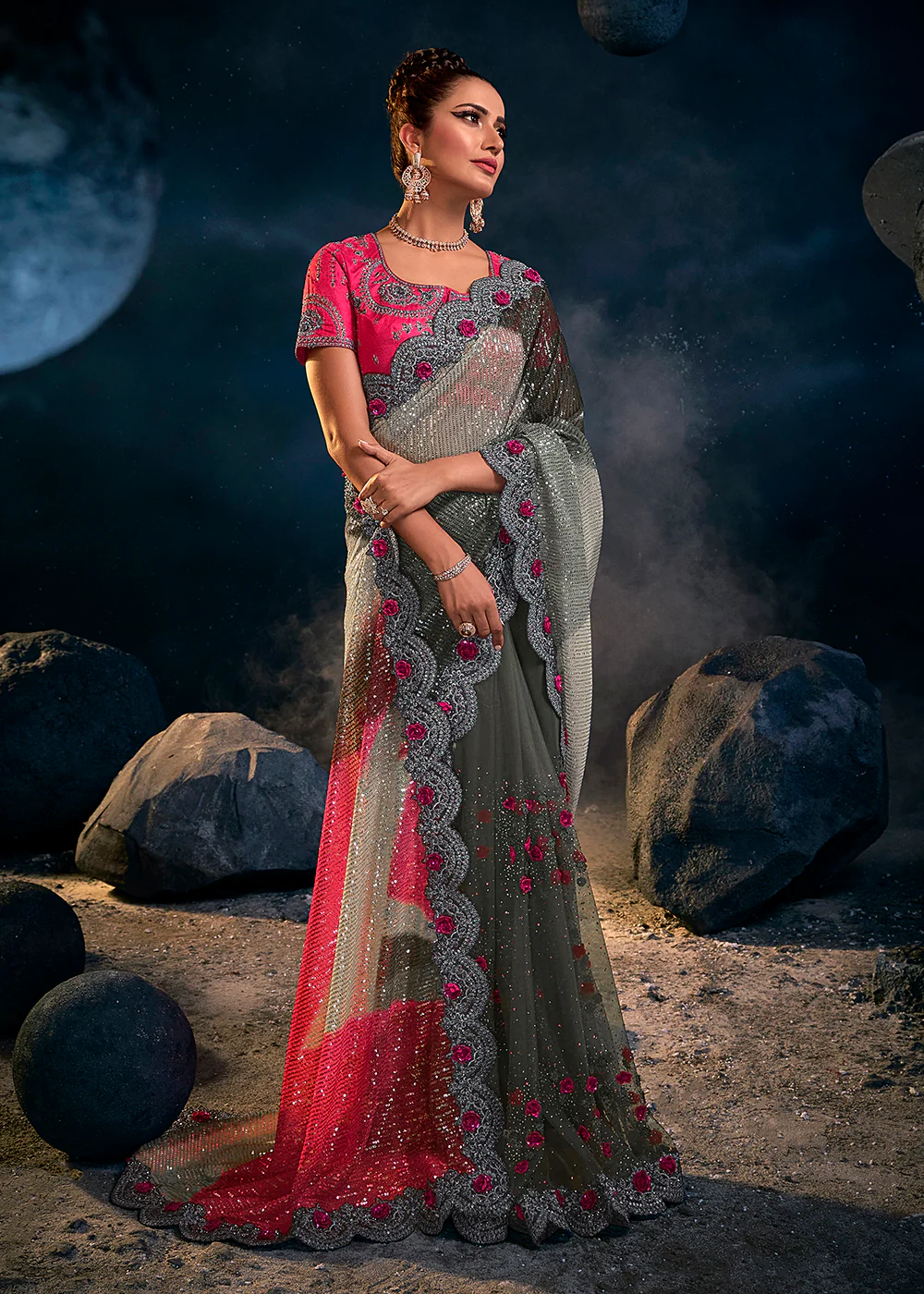 Bright Grey Premium Net Heavy Embroidered Designer Saree - Image 3