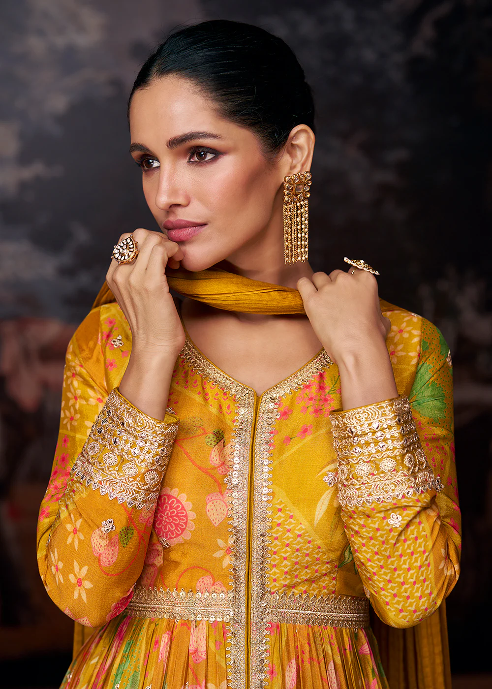 Bright Mustard Printed & Embroidered Wedding Anarkali Dress - Image 2