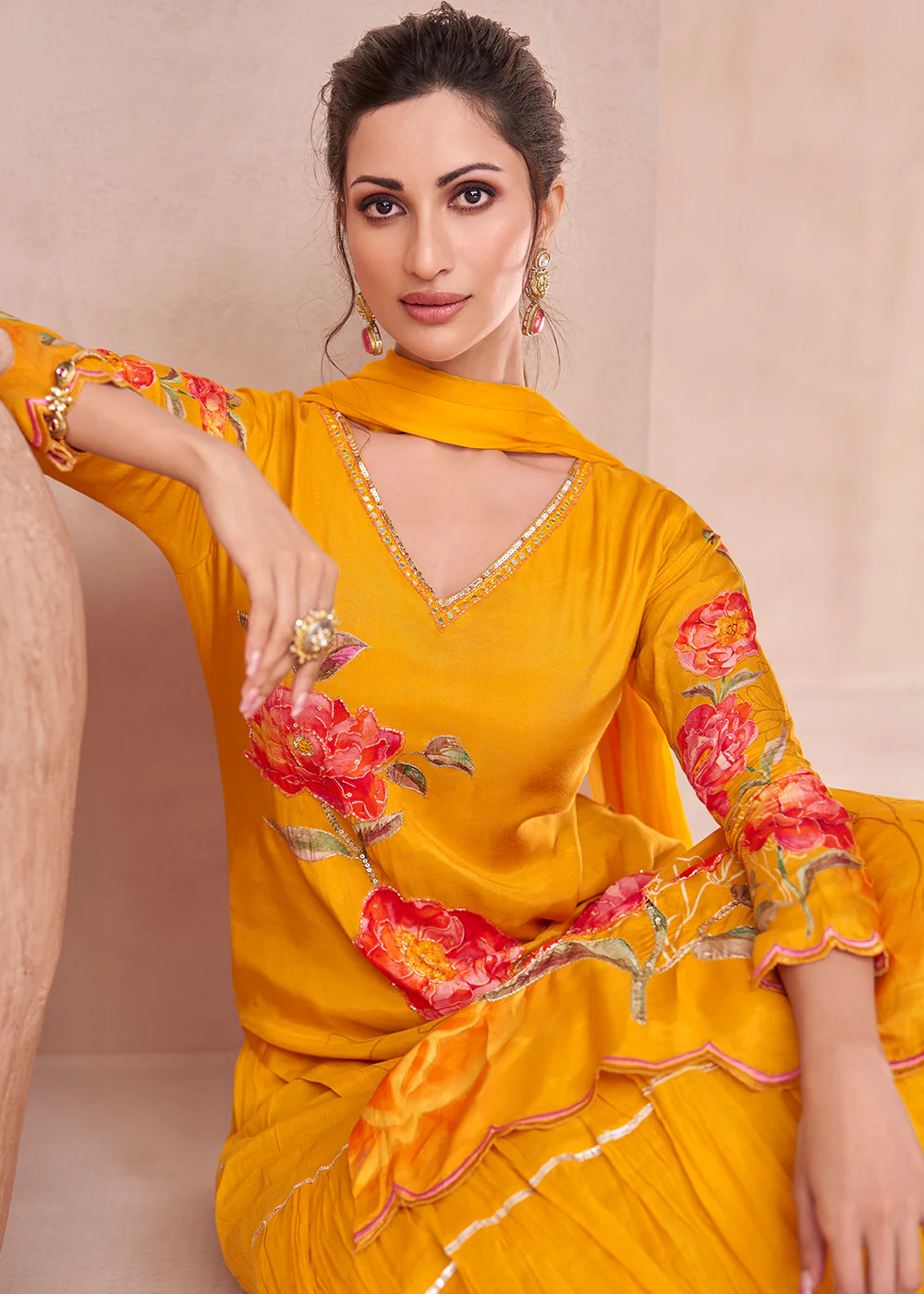 Bright Mustard Pure Muslin Embroidered Lehenga Skirt Suit - Image 2