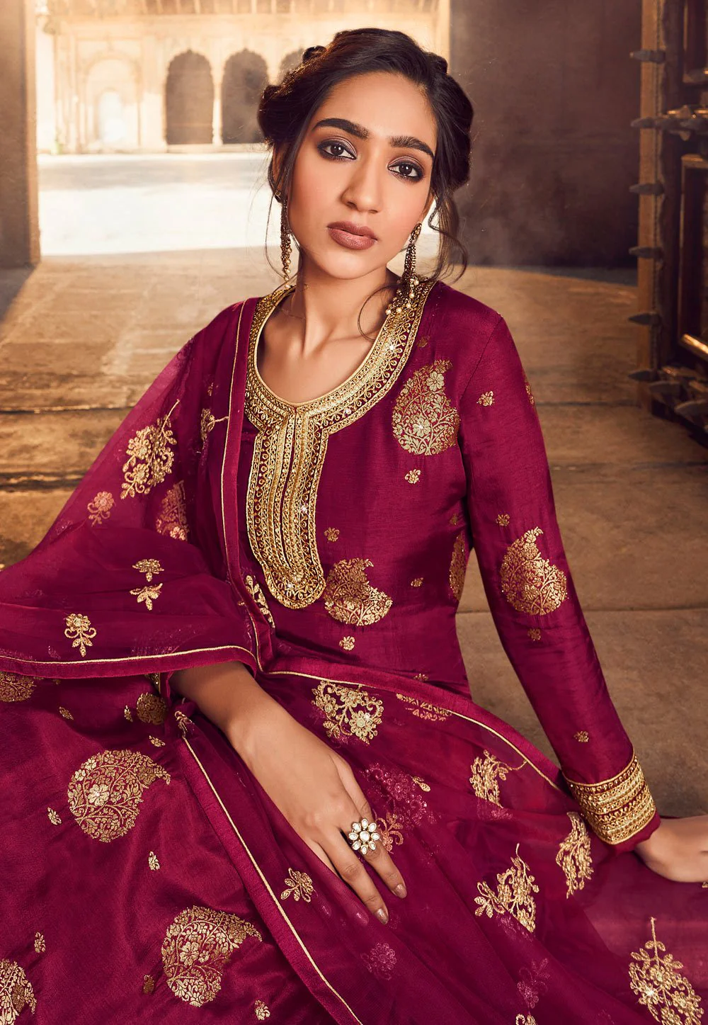 Bright Pink Zari Embroidered Lehenga Style Suit - Image 2