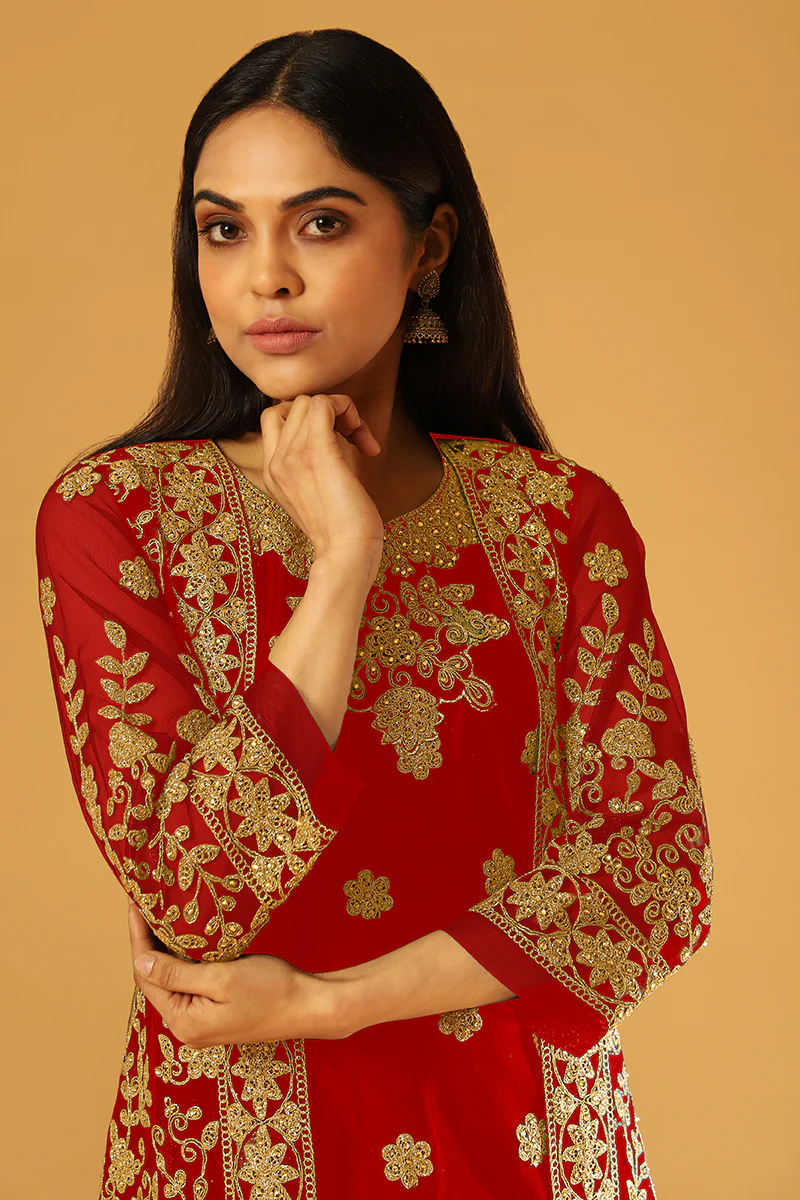 Bright Red Festive Wear Straight Cut Pant Style Suit - Image 2