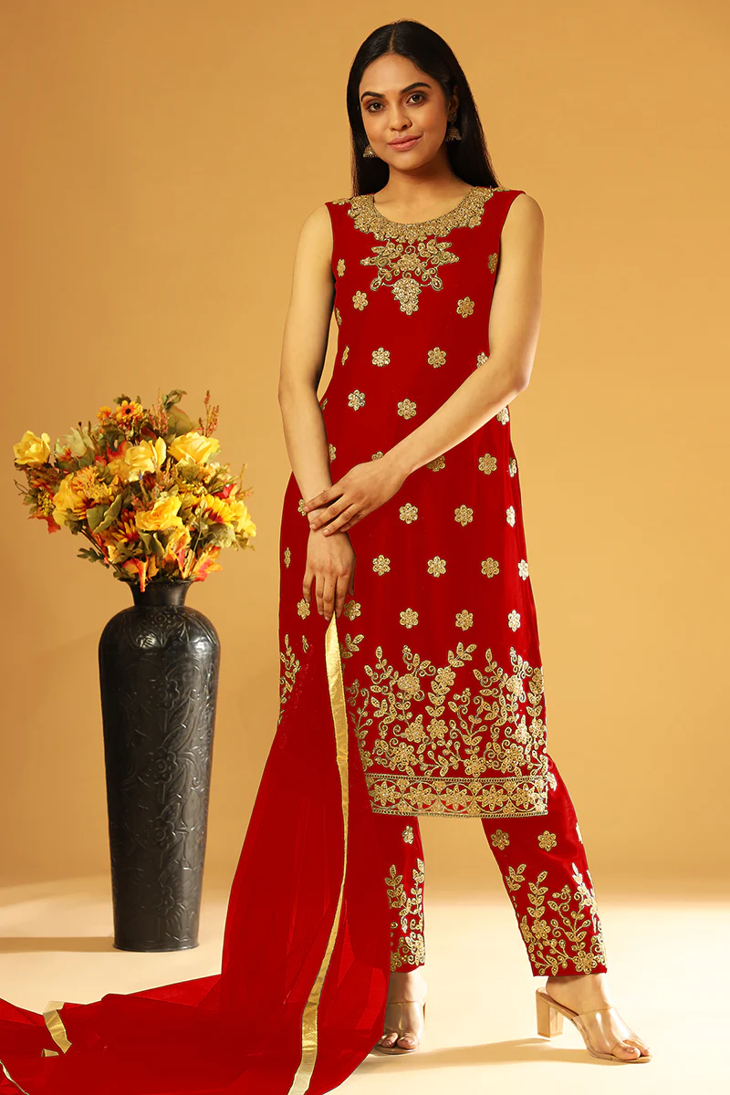 Bright Red Festive Wear Straight Cut Pant Style Suit - Image 3