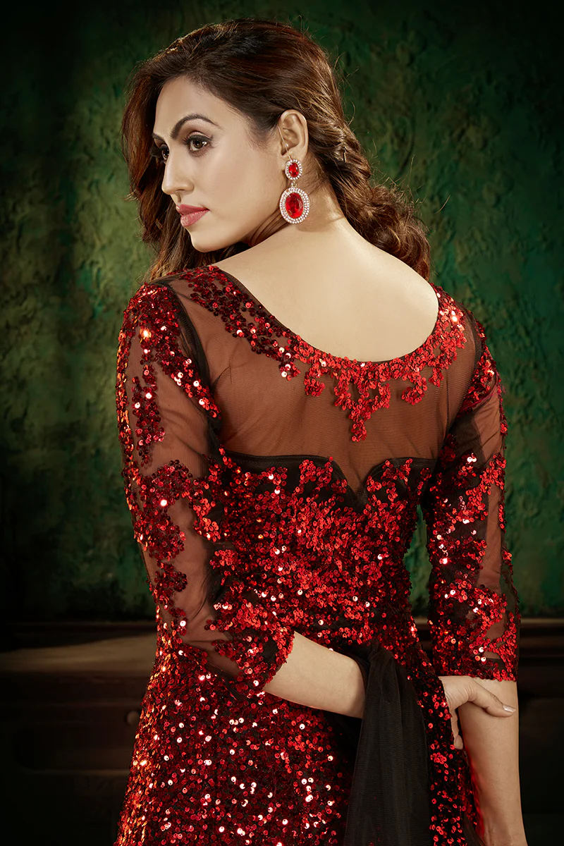 Bright Red Party Wear Sequins Net Anarkali Gown - Image 3