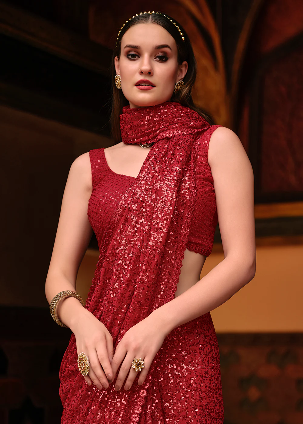 Bright Red Thread & Sequins Party Wear Designer Saree - Image 2