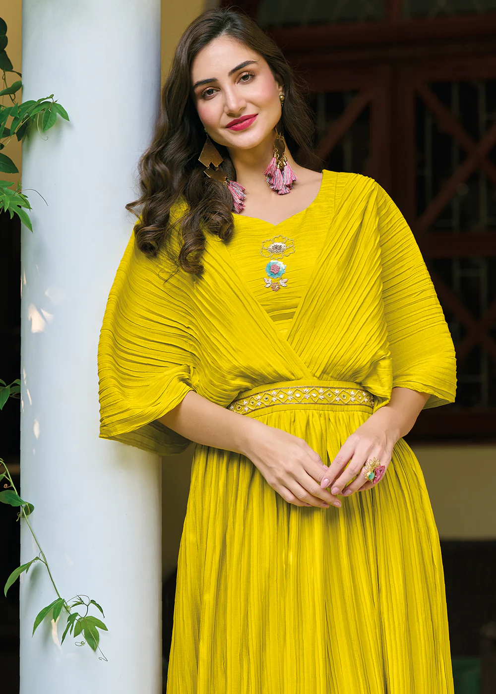 Bright Yellow Chinon Party Wear Crushed Gown - Image 2
