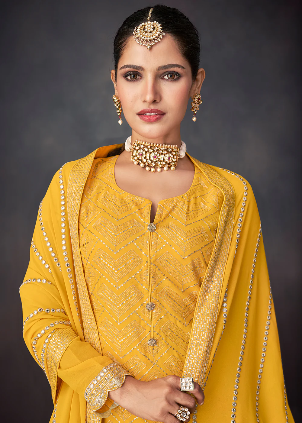 Bright Yellow Georgette Embellished Festive Sharara Suit - Image 2