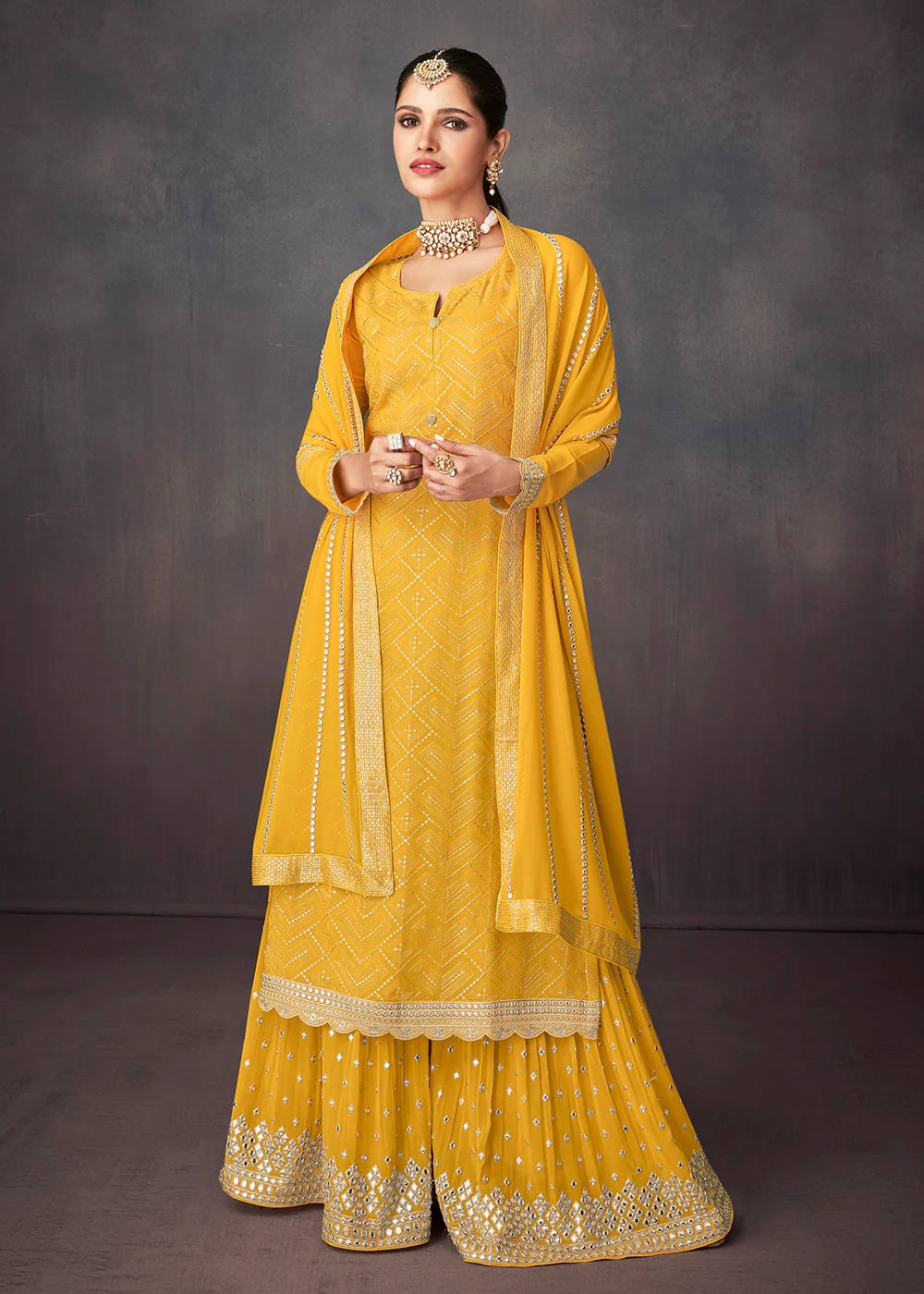 Bright Yellow Georgette Embellished Festive Sharara Suit - Image 3