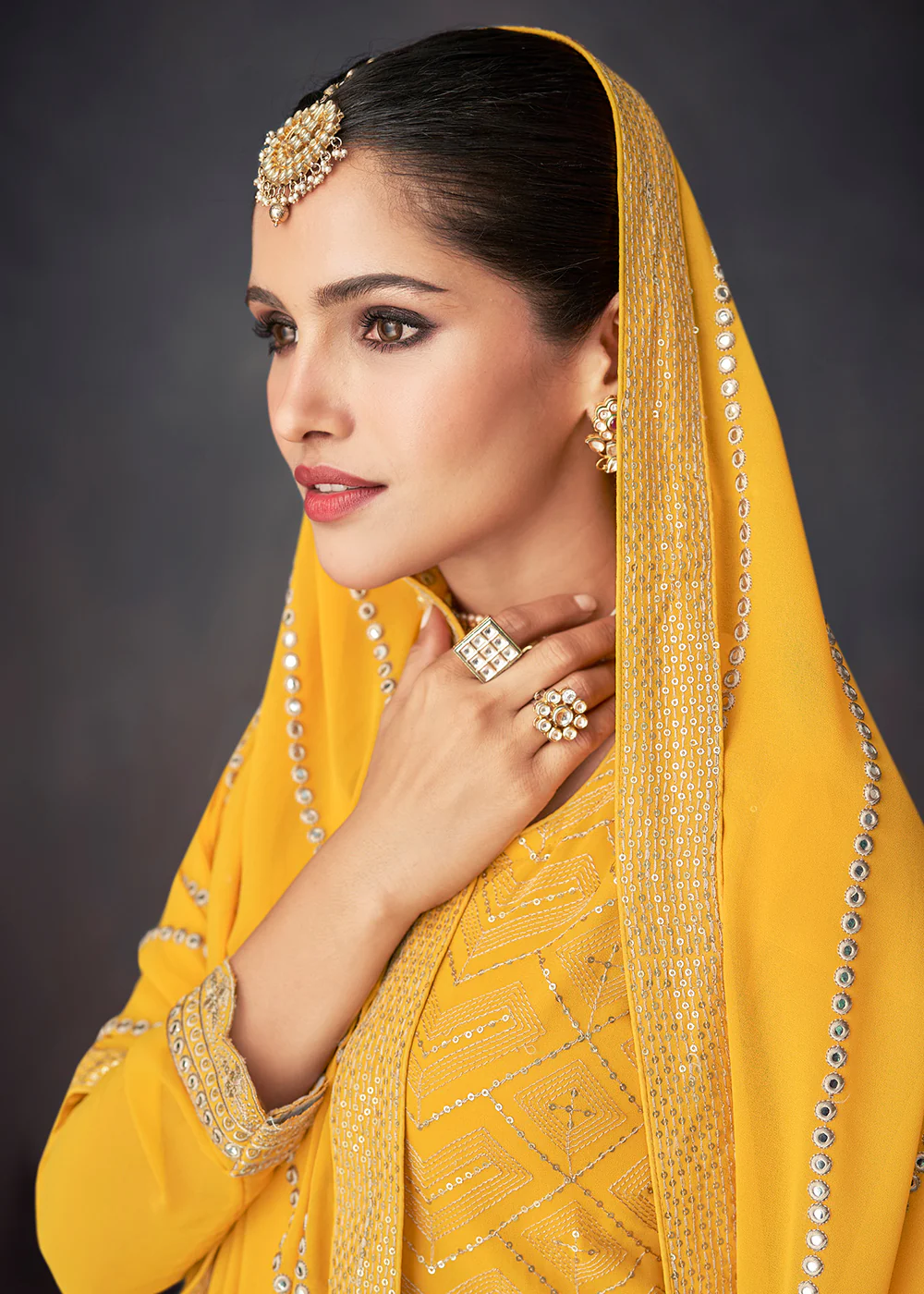 Bright Yellow Georgette Embellished Festive Sharara Suit - Image 4