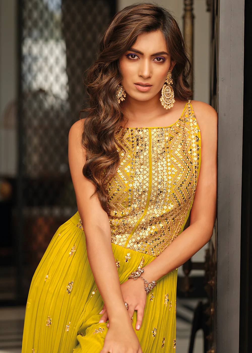 Bright Yellow Indo-Western Embroidered Chinon Jumpsuit - Image 2