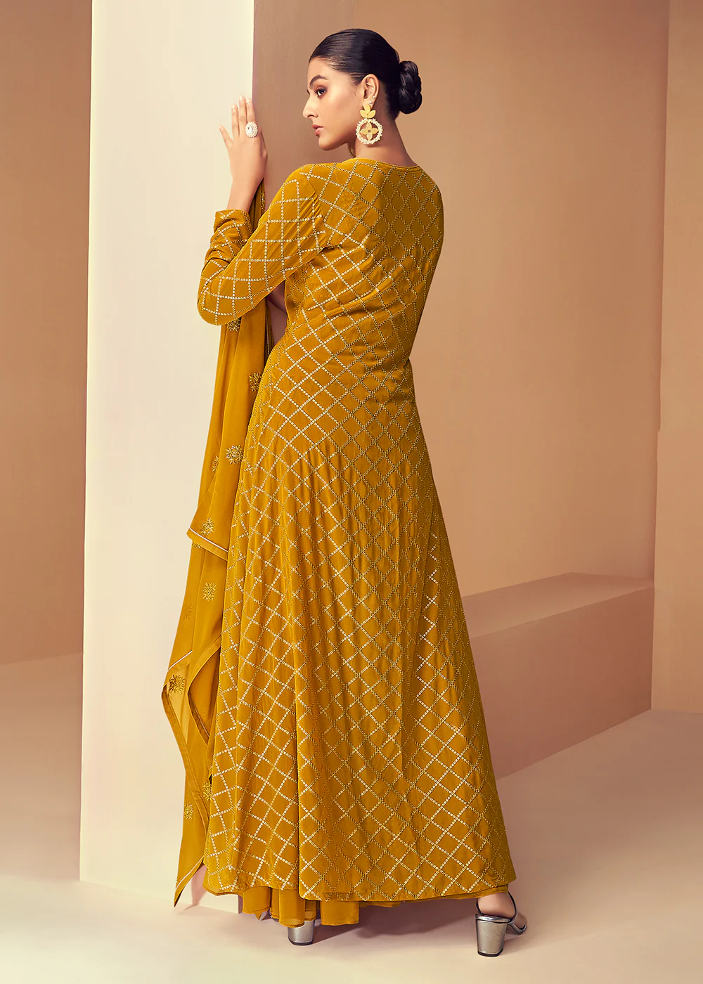 Bright Yellow Jacket Style Party Wear Indo Western Dress - Image 3
