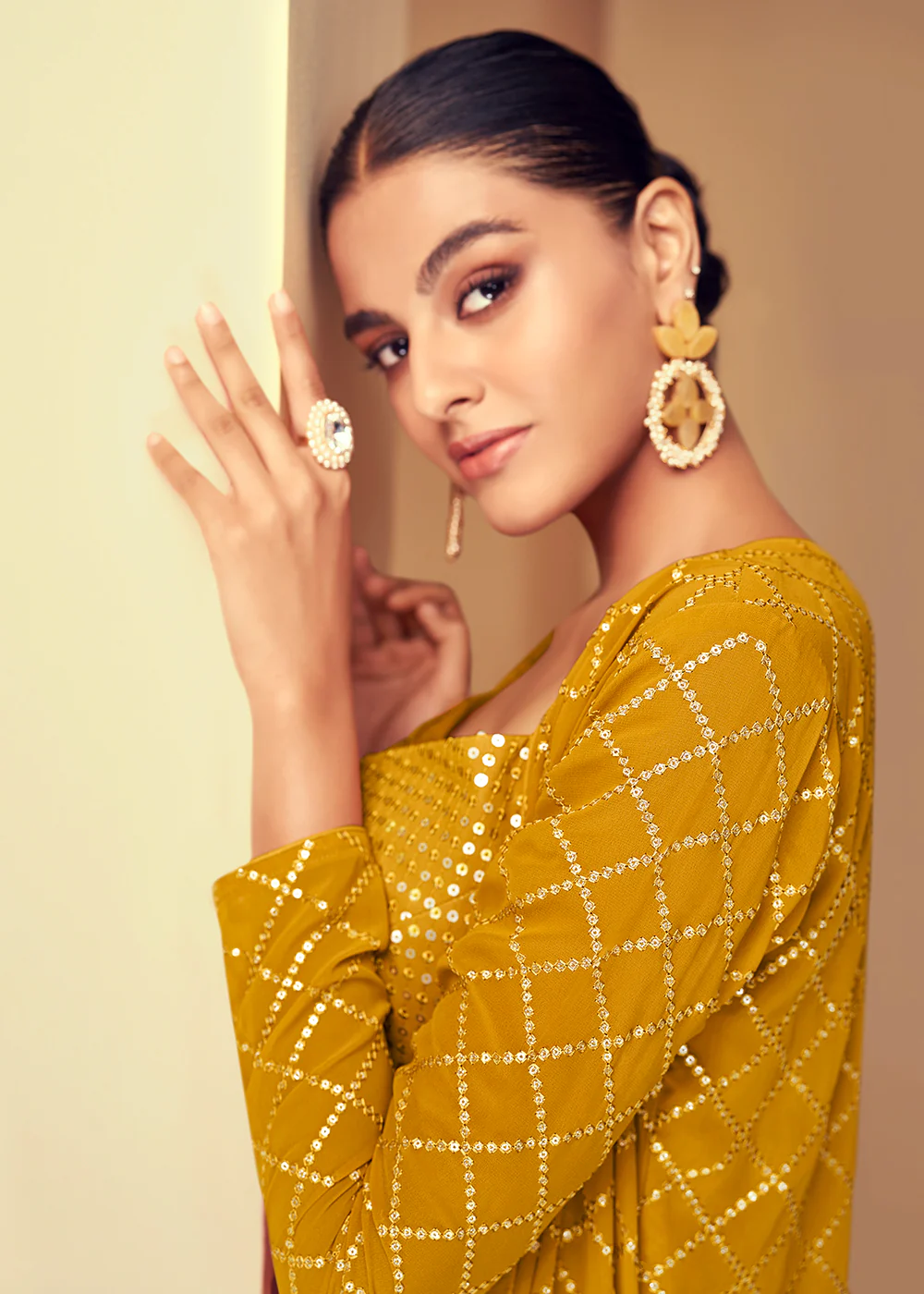 Bright Yellow Jacket Style Party Wear Indo Western Dress - Image 4