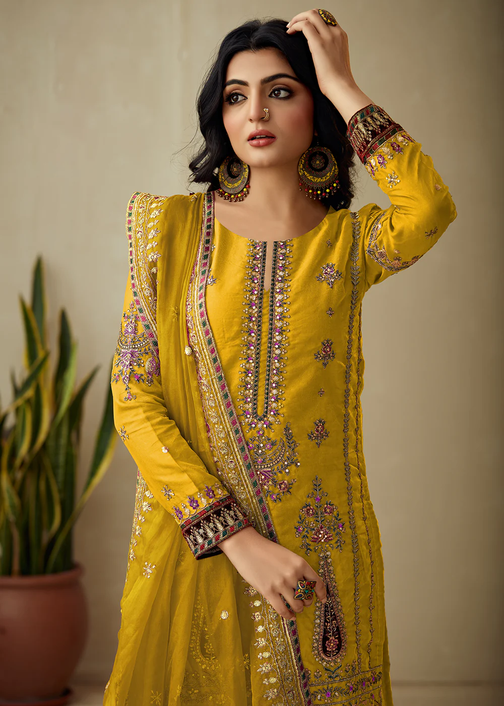 Bright Yellow Organza Embroidered Traditional Salwar Kameez - Image 2