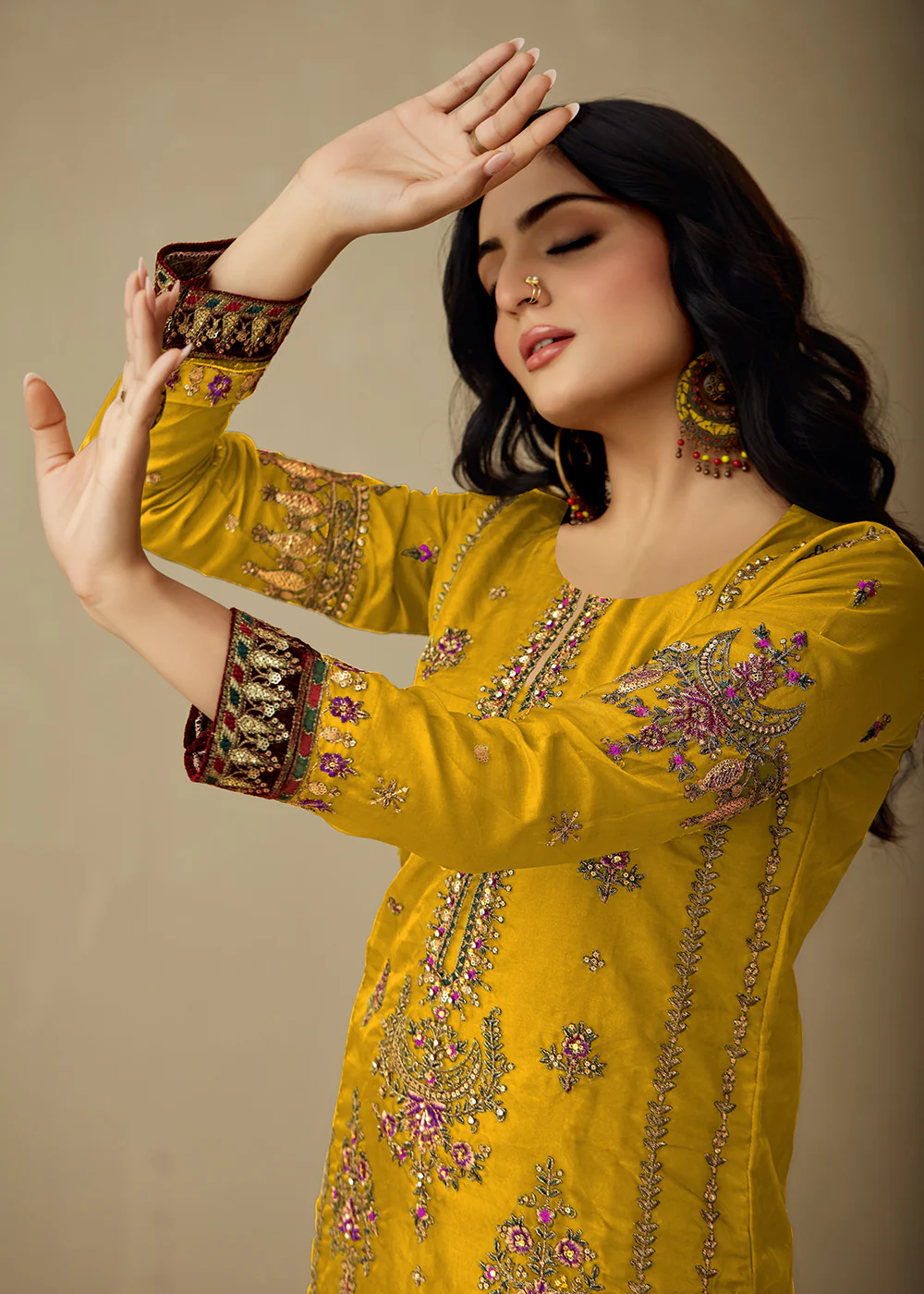 Bright Yellow Organza Embroidered Traditional Salwar Kameez - Image 3