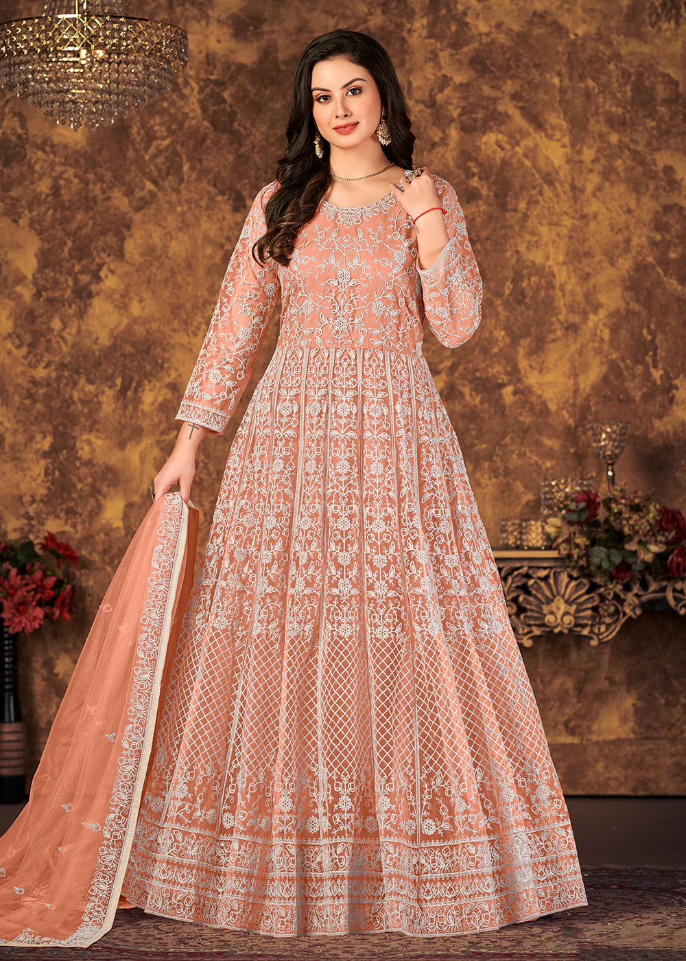 Brilliant Peach Cording Embroidered Wedding Anarkali Dress - Image 4