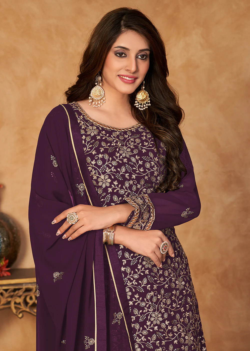 Brilliant Plum Purple Embroidered Ceremonial Gharara Suit - Image 2