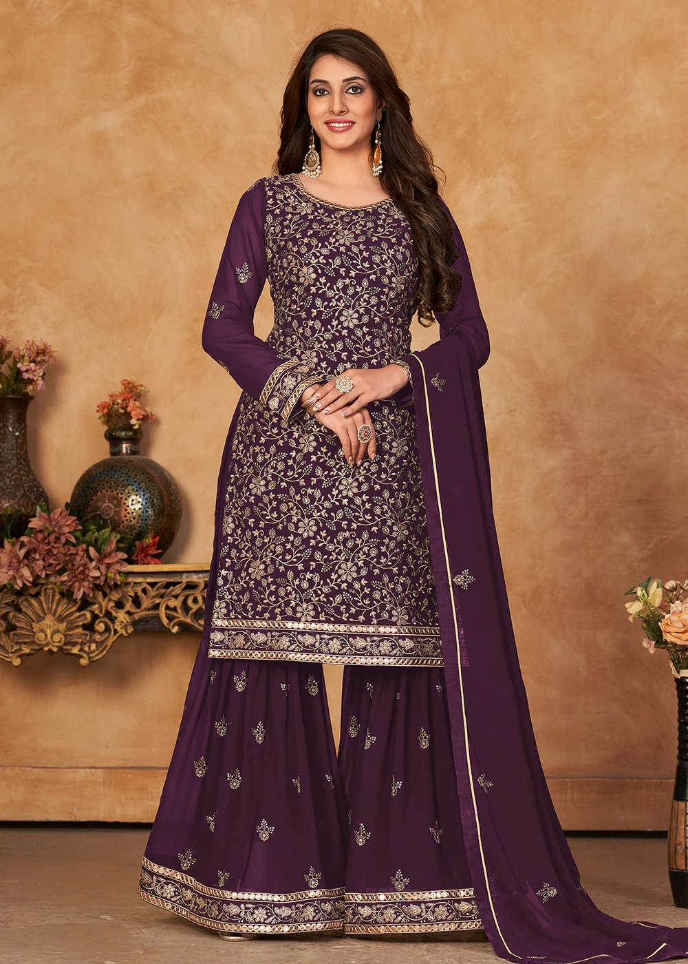 Brilliant Plum Purple Embroidered Ceremonial Gharara Suit - Image 3