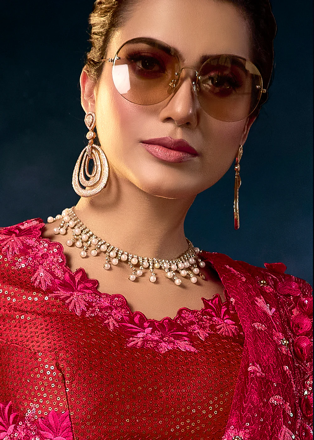 Brilliant Red Premium Net Heavy Embroidered Designer Saree - Image 2