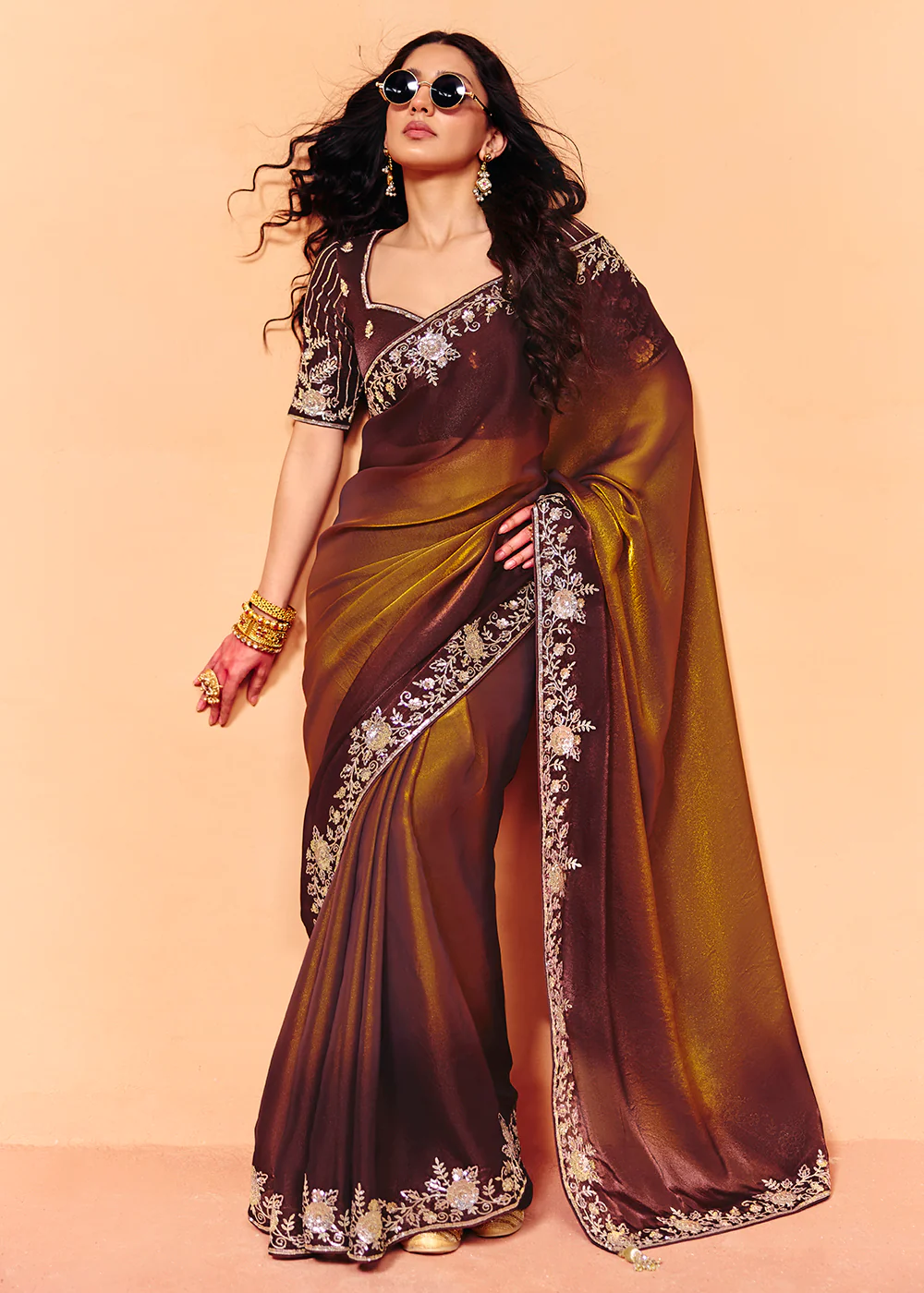 Bronze Brown Designer Style Embroidered Saree