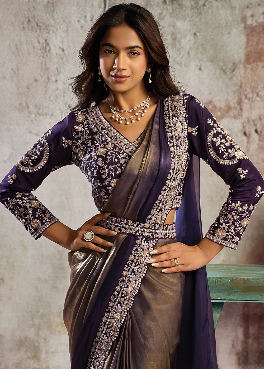 Bronze Plum Designer Party Wear Pre Draped Saree - Image 2